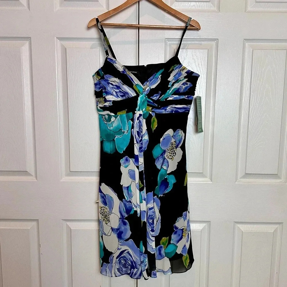 Jones Wear Dress Womens Floral Sz 16 Black Floral‎ Spaghetti Strap Ruched Midi